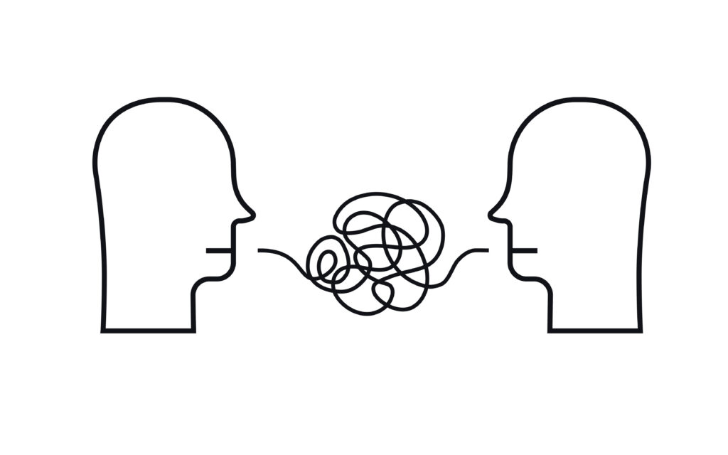 Broken communication two person concept illustration hand draw line style. Hard speaking, abusing talk, depression, stress discussion, anxiety.